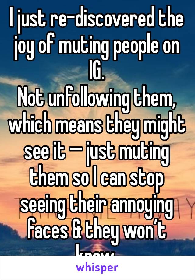 I just re-discovered the joy of muting people on IG. 
Not unfollowing them, which means they might see it — just muting them so I can stop seeing their annoying faces & they won’t know.