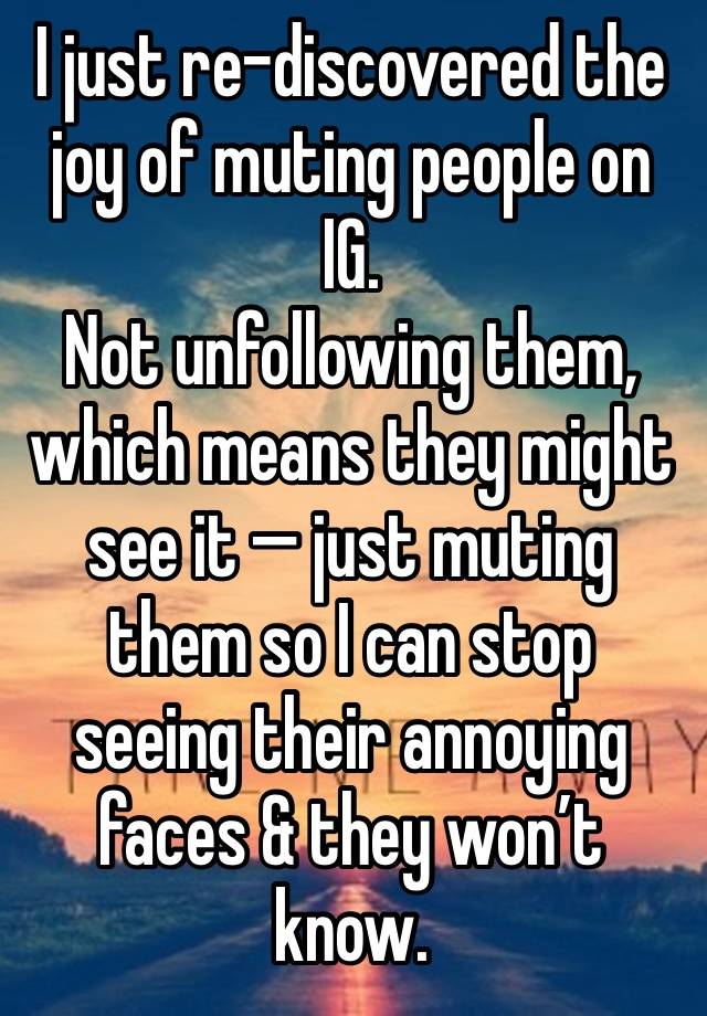 I just re-discovered the joy of muting people on IG. 
Not unfollowing them, which means they might see it — just muting them so I can stop seeing their annoying faces & they won’t know.