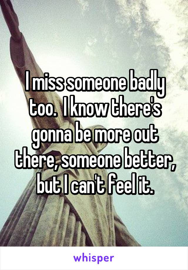 I miss someone badly too.  I know there's gonna be more out there, someone better, but I can't feel it.