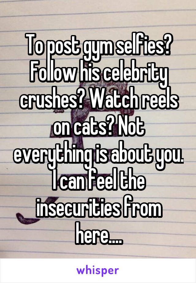 To post gym selfies? Follow his celebrity crushes? Watch reels on cats? Not everything is about you. I can feel the insecurities from here....