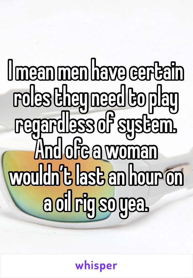 I mean men have certain roles they need to play regardless of system. And ofc a woman wouldn’t last an hour on a oil rig so yea. 