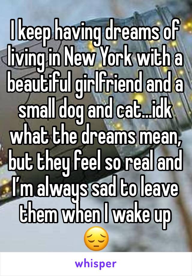 I keep having dreams of living in New York with a beautiful girlfriend and a small dog and cat…idk what the dreams mean, but they feel so real and I’m always sad to leave them when I wake up 😔