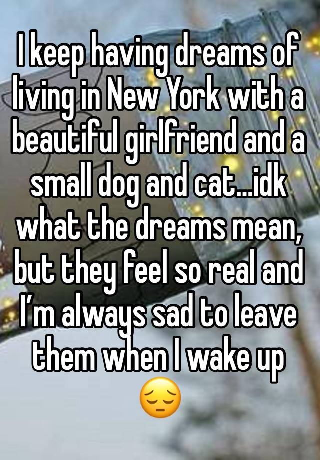 I keep having dreams of living in New York with a beautiful girlfriend and a small dog and cat…idk what the dreams mean, but they feel so real and I’m always sad to leave them when I wake up 😔