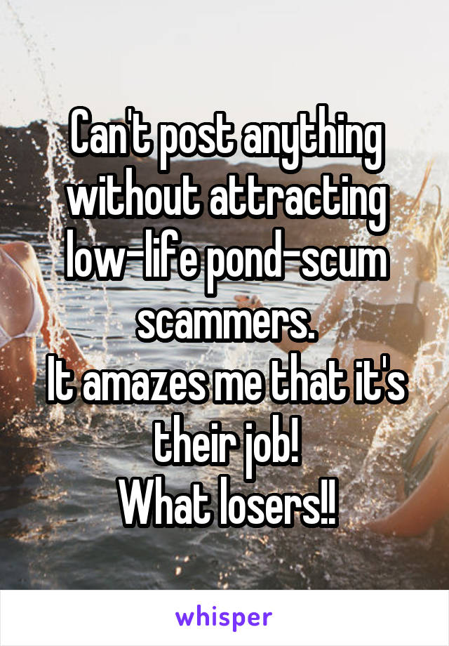 Can't post anything without attracting low-life pond-scum scammers.
It amazes me that it's their job!
What losers!!