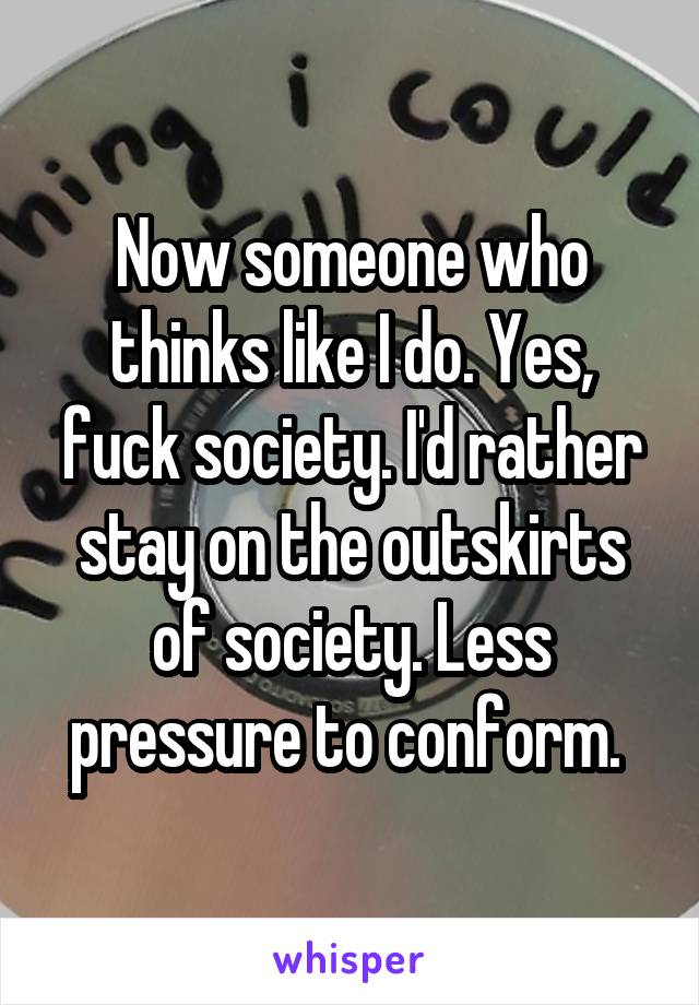 Now someone who thinks like I do. Yes, fuck society. I'd rather stay on the outskirts of society. Less pressure to conform. 