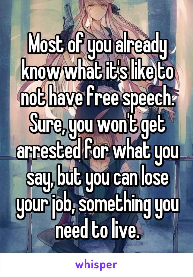 Most of you already know what it's like to not have free speech. Sure, you won't get arrested for what you say, but you can lose your job, something you need to live.