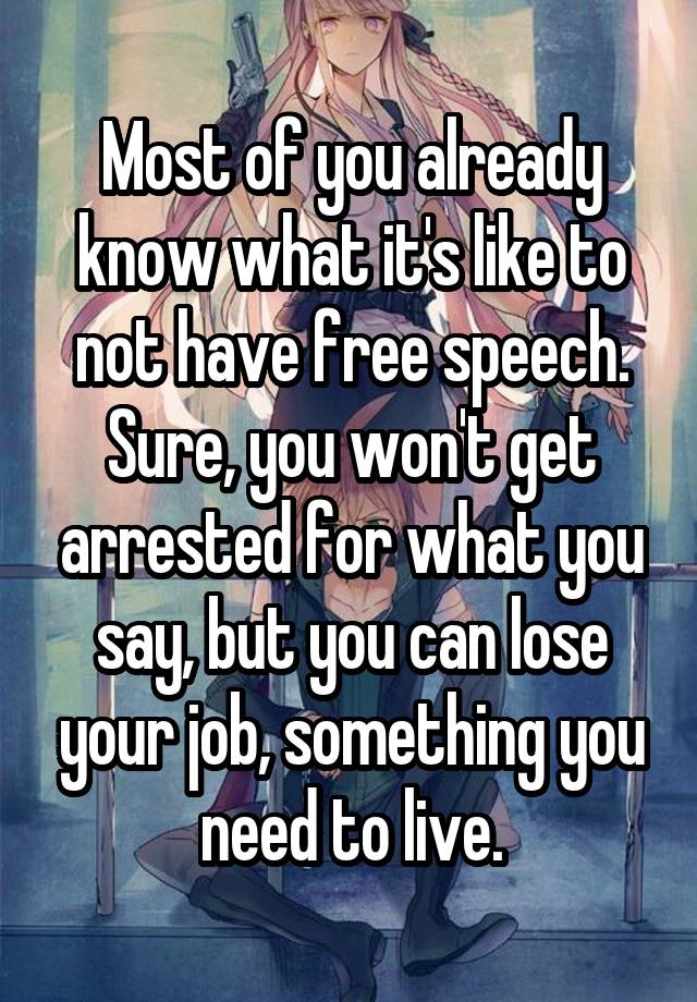 Most of you already know what it's like to not have free speech. Sure, you won't get arrested for what you say, but you can lose your job, something you need to live.