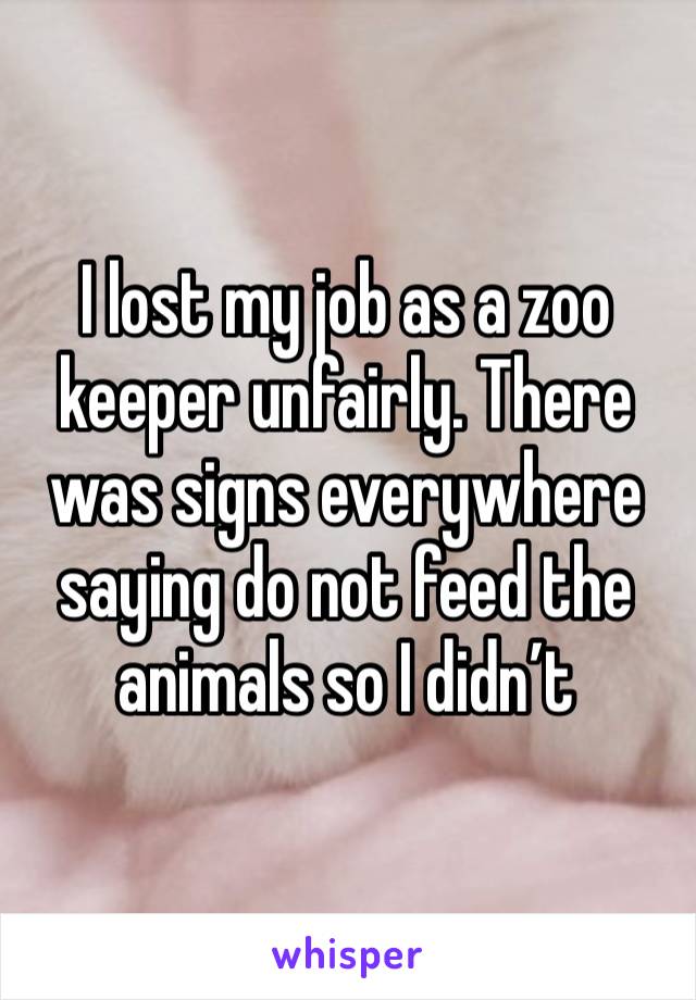 I lost my job as a zoo keeper unfairly. There was signs everywhere saying do not feed the animals so I didn’t 