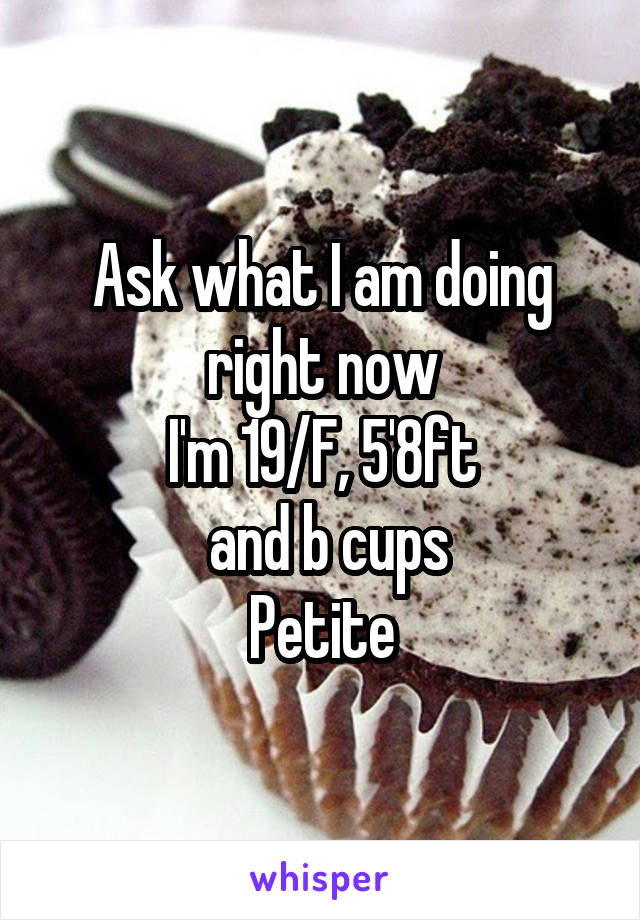 Ask what I am doing right now
I'm 19/F, 5'8ft
 and b cups
Petite