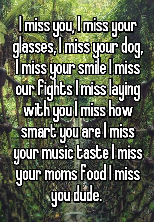 I miss you, I miss your glasses, I miss your dog, I miss your smile I miss our fights I miss laying with you I miss how smart you are I miss your music taste I miss your moms food I miss you dude. 