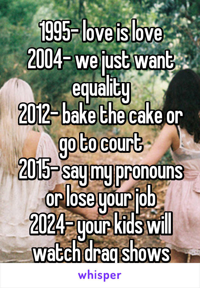 1995- love is love
2004- we just want equality
2012- bake the cake or go to court
2015- say my pronouns or lose your job
2024- your kids will watch drag shows