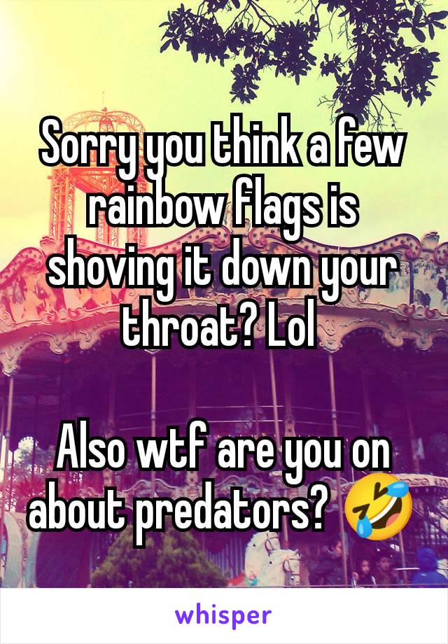 Sorry you think a few rainbow flags is shoving it down your throat? Lol 

Also wtf are you on about predators? 🤣