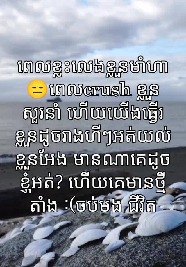 ពេលខ្លះលេងខ្លួនមាំហា 😑ពេលcrush ខ្លួនសួរនាំ ហេីយយេីងធ្វេីរខ្លួនដូចរាងហីៗអត់យល់ខ្លួនអែង មានណាគេដូចខ្ញុំអត់? ហេីយគេមានថ្មីតាំង :(ចប់មង ជីវិត