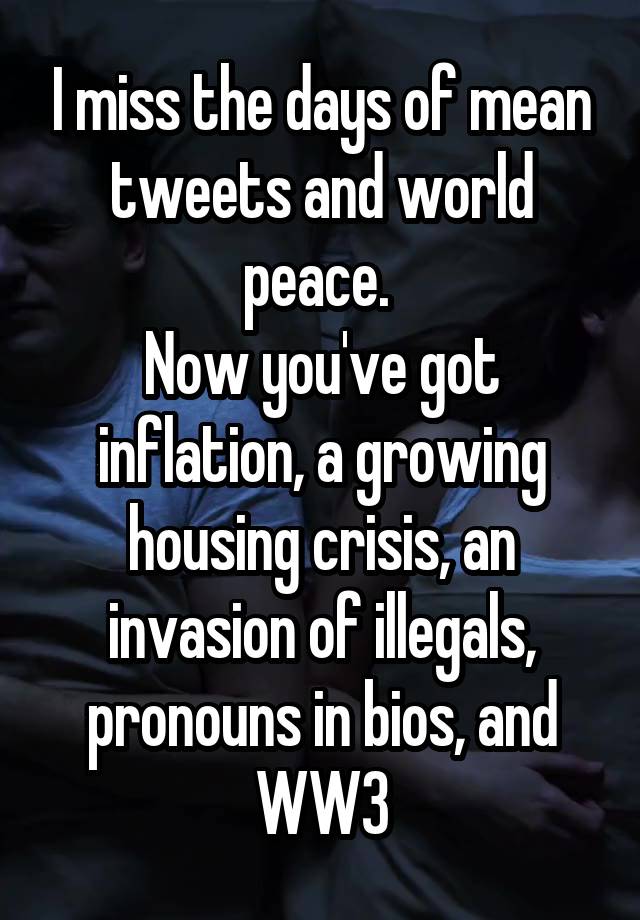 I miss the days of mean tweets and world peace. 
Now you've got inflation, a growing housing crisis, an invasion of illegals, pronouns in bios, and WW3