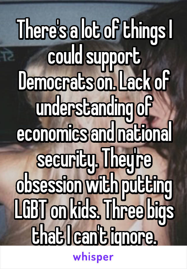 There's a lot of things I could support Democrats on. Lack of understanding of economics and national security. They're obsession with putting LGBT on kids. Three bigs that I can't ignore.