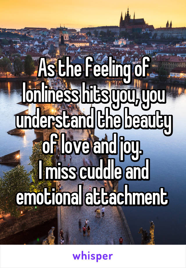 As the feeling of lonliness hits you, you understand the beauty of love and joy. 
I miss cuddle and emotional attachment 