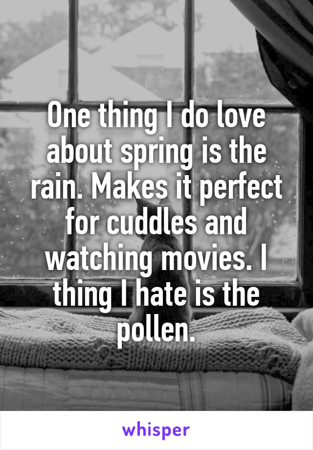 One thing I do love about spring is the rain. Makes it perfect for cuddles and watching movies. I thing I hate is the pollen.