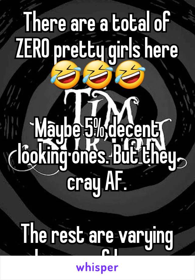 There are a total of ZERO pretty girls here 🤣🤣🤣

Maybe 5% decent looking ones. But they cray AF.

The rest are varying degrees of horror