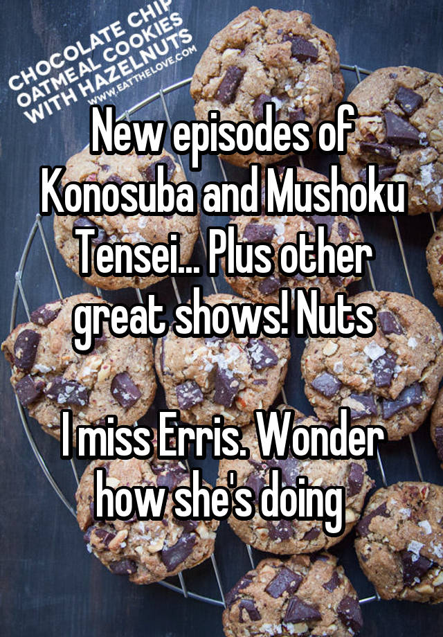 New episodes of Konosuba and Mushoku Tensei... Plus other great shows! Nuts

I miss Erris. Wonder how she's doing 