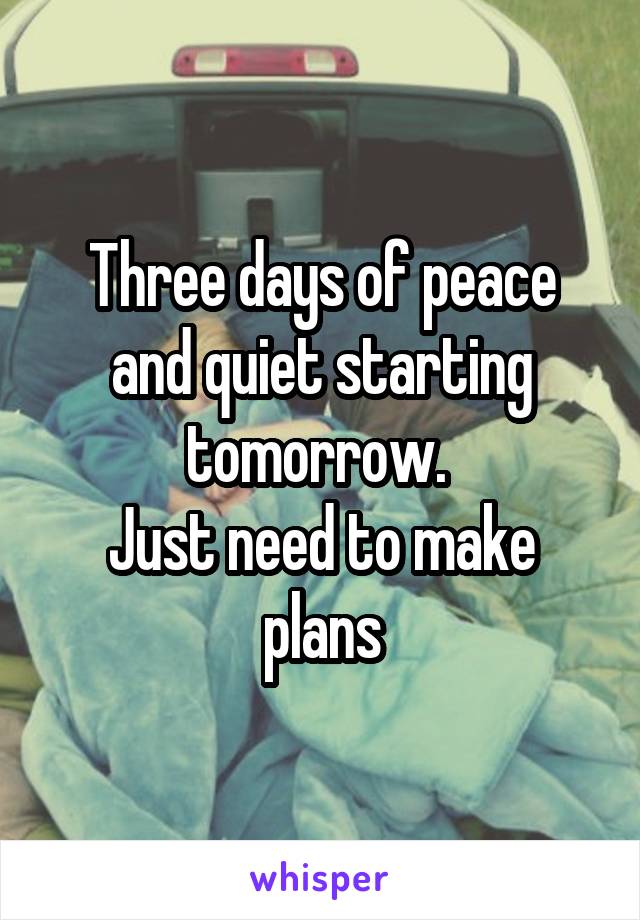 Three days of peace and quiet starting tomorrow. 
Just need to make plans