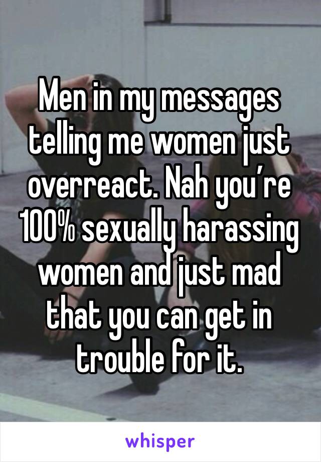 Men in my messages telling me women just overreact. Nah you’re 100% sexually harassing women and just mad that you can get in trouble for it. 