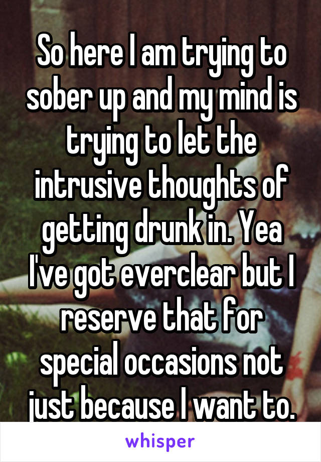 So here I am trying to sober up and my mind is trying to let the intrusive thoughts of getting drunk in. Yea I've got everclear but I reserve that for special occasions not just because I want to.