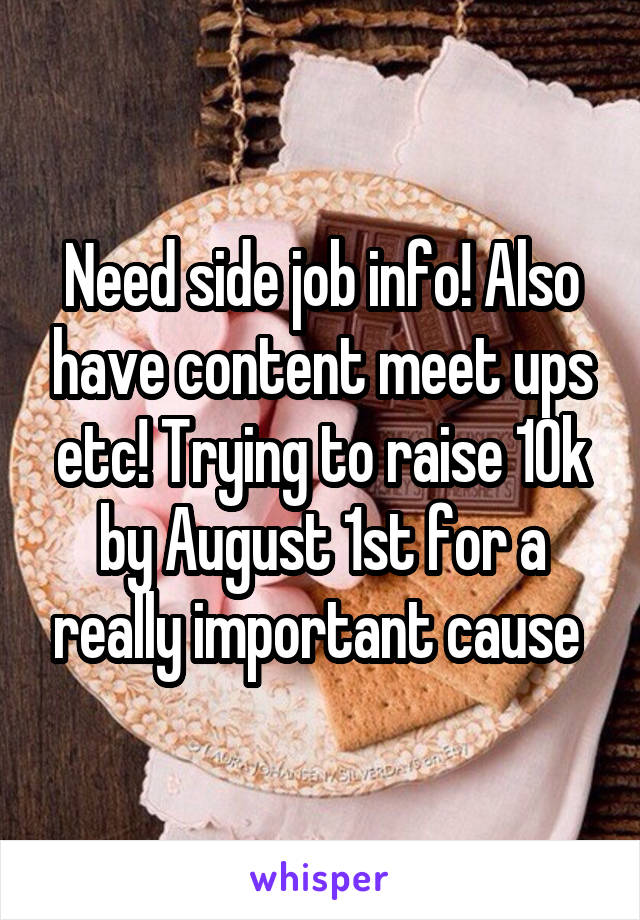 Need side job info! Also have content meet ups etc! Trying to raise 10k by August 1st for a really important cause 