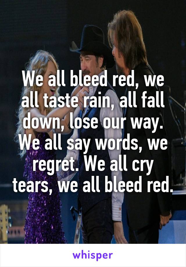 We all bleed red, we all taste rain, all fall down, lose our way. We all say words, we regret. We all cry tears, we all bleed red.