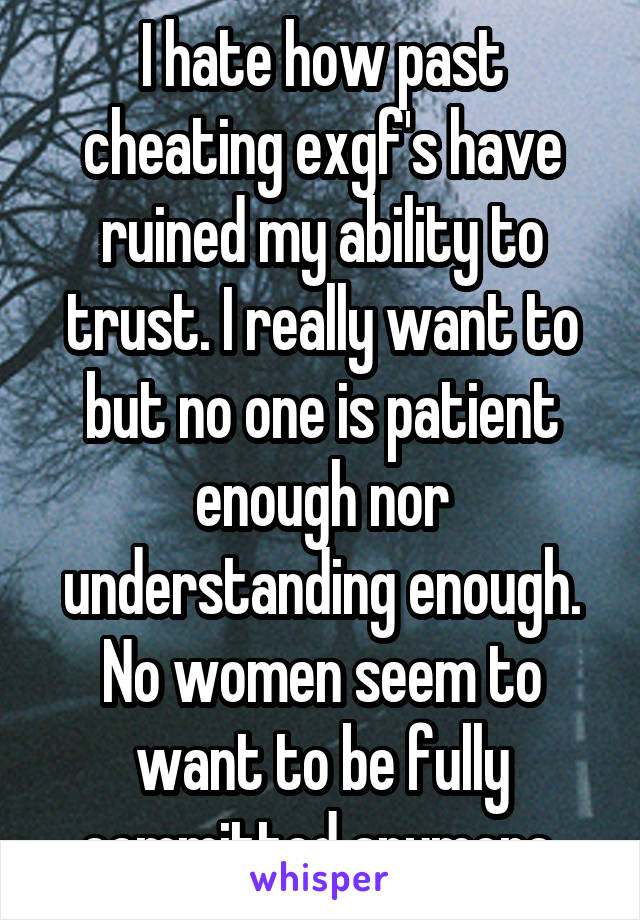 I hate how past cheating exgf's have ruined my ability to trust. I really want to but no one is patient enough nor understanding enough. No women seem to want to be fully committed anymore 