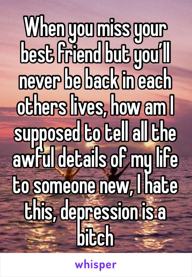 When you miss your best friend but you’ll never be back in each others lives, how am I supposed to tell all the awful details of my life to someone new, I hate this, depression is a bitch