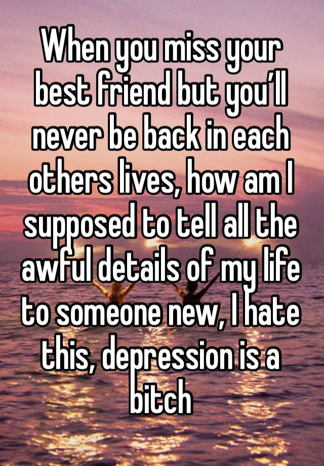 When you miss your best friend but you’ll never be back in each others lives, how am I supposed to tell all the awful details of my life to someone new, I hate this, depression is a bitch