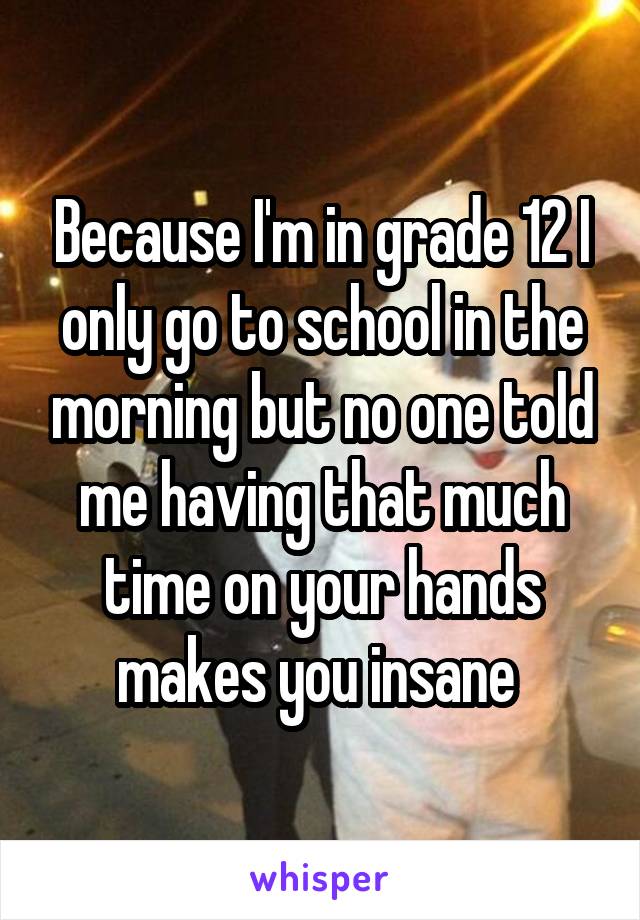 Because I'm in grade 12 I only go to school in the morning but no one told me having that much time on your hands makes you insane 