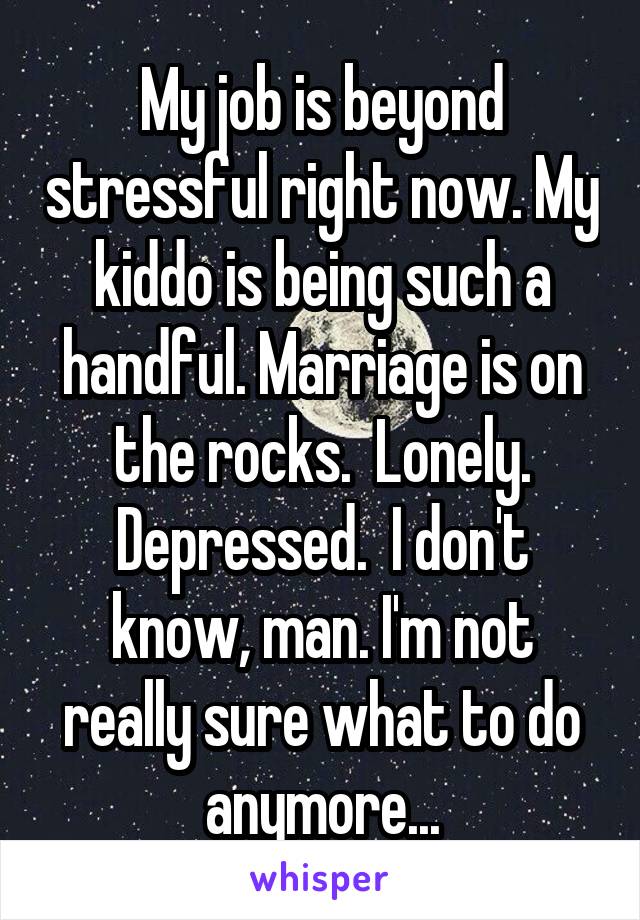 My job is beyond stressful right now. My kiddo is being such a handful. Marriage is on the rocks.  Lonely. Depressed.  I don't know, man. I'm not really sure what to do anymore...