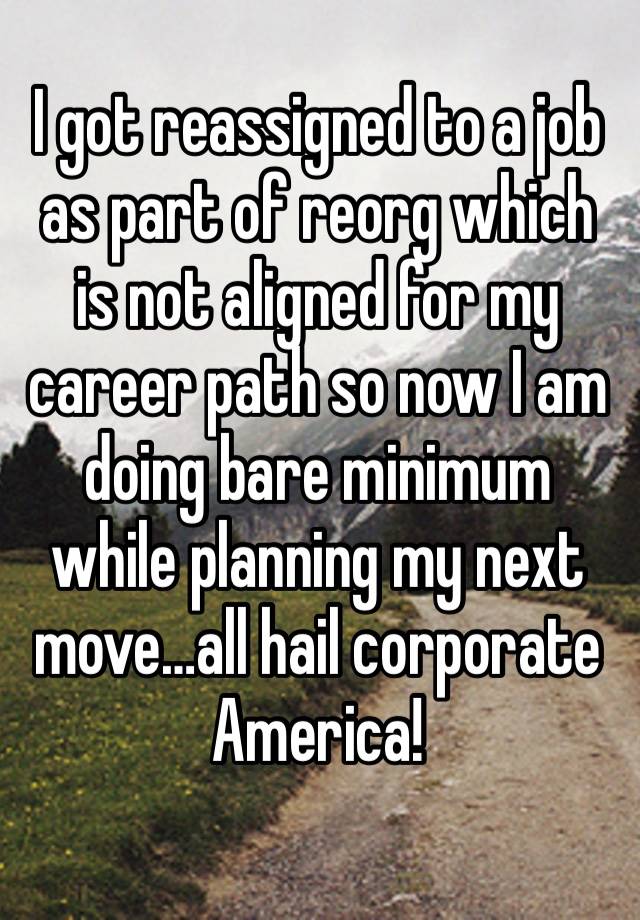 I got reassigned to a job as part of reorg which is not aligned for my career path so now I am doing bare minimum while planning my next move…all hail corporate America! 