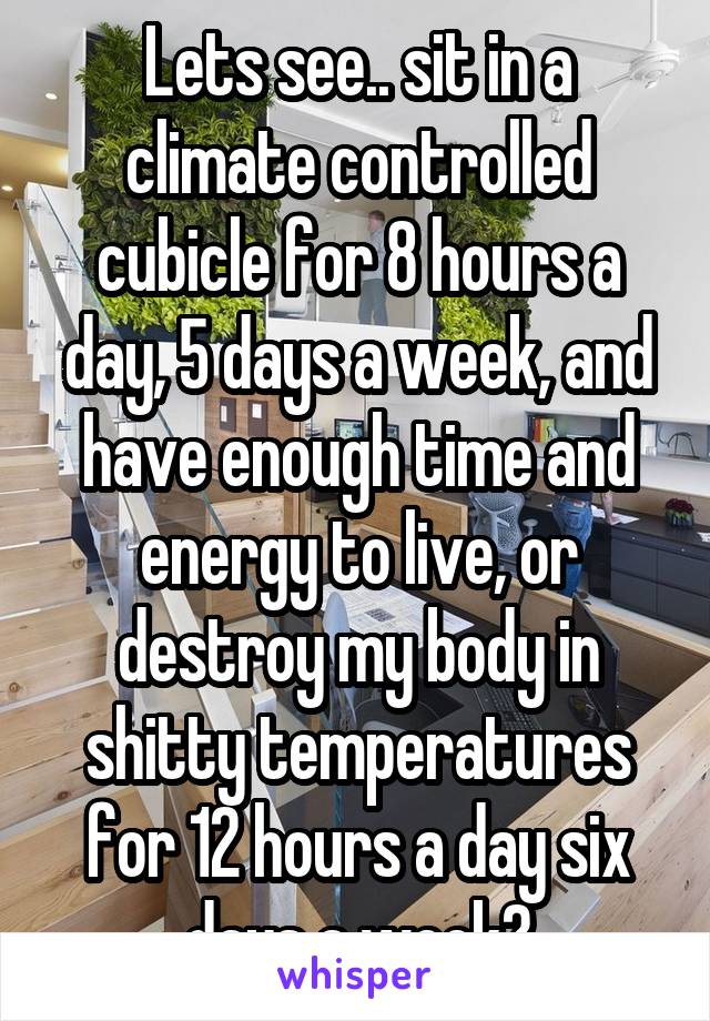 Lets see.. sit in a climate controlled cubicle for 8 hours a day, 5 days a week, and have enough time and energy to live, or destroy my body in shitty temperatures for 12 hours a day six days a week?