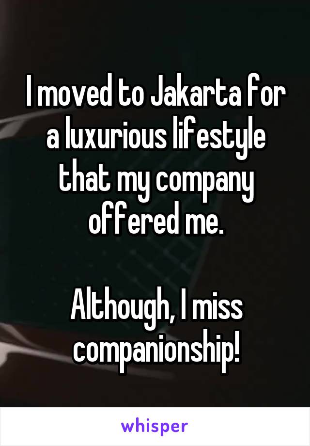 I moved to Jakarta for a luxurious lifestyle that my company offered me.

Although, I miss companionship!