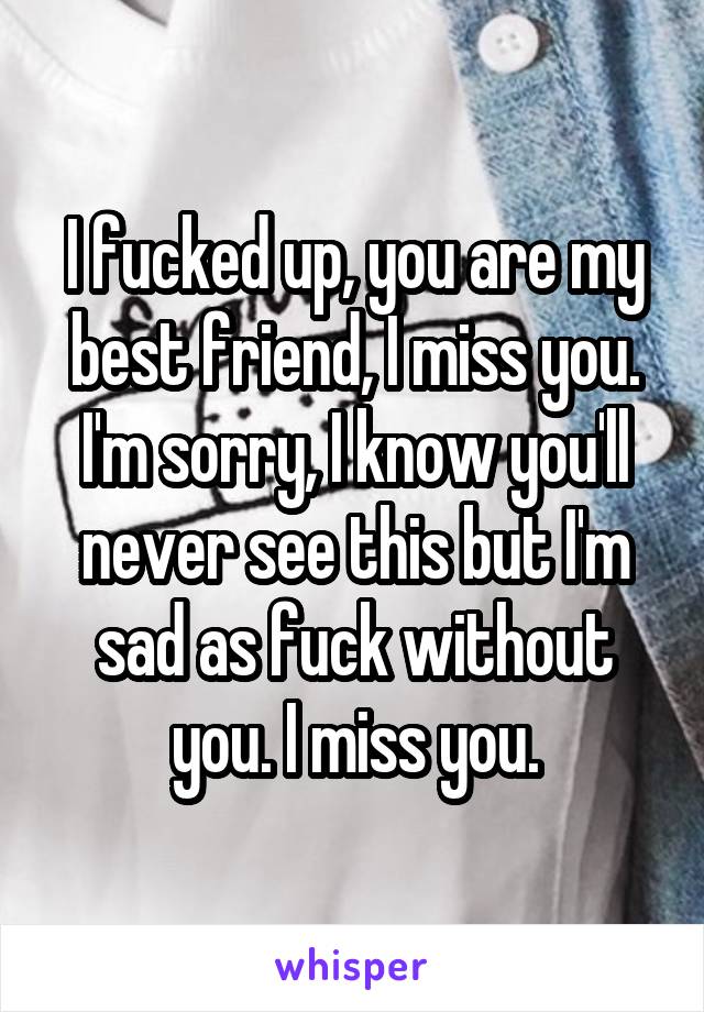 I fucked up, you are my best friend, I miss you. I'm sorry, I know you'll never see this but I'm sad as fuck without you. I miss you.