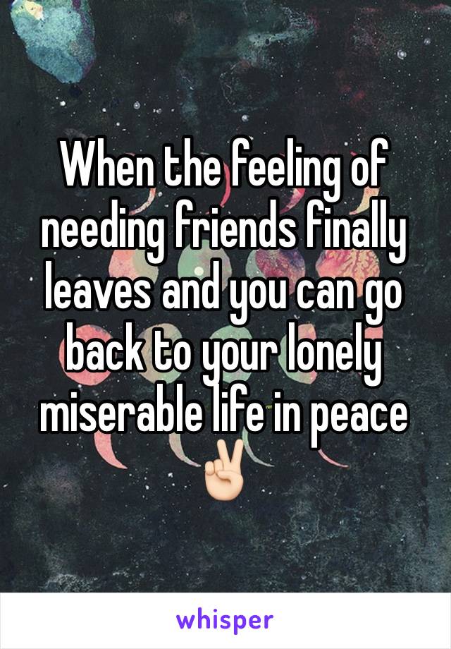 When the feeling of needing friends finally leaves and you can go back to your lonely miserable life in peace ✌🏻 