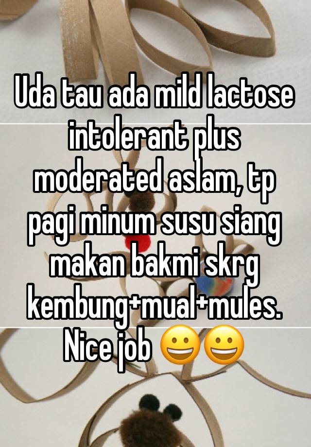 Uda tau ada mild lactose intolerant plus moderated aslam, tp pagi minum susu siang makan bakmi skrg kembung+mual+mules. Nice job 😀😀