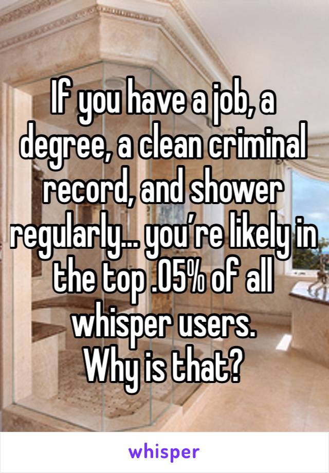 If you have a job, a degree, a clean criminal record, and shower regularly… you’re likely in the top .05% of all whisper users. 
Why is that?