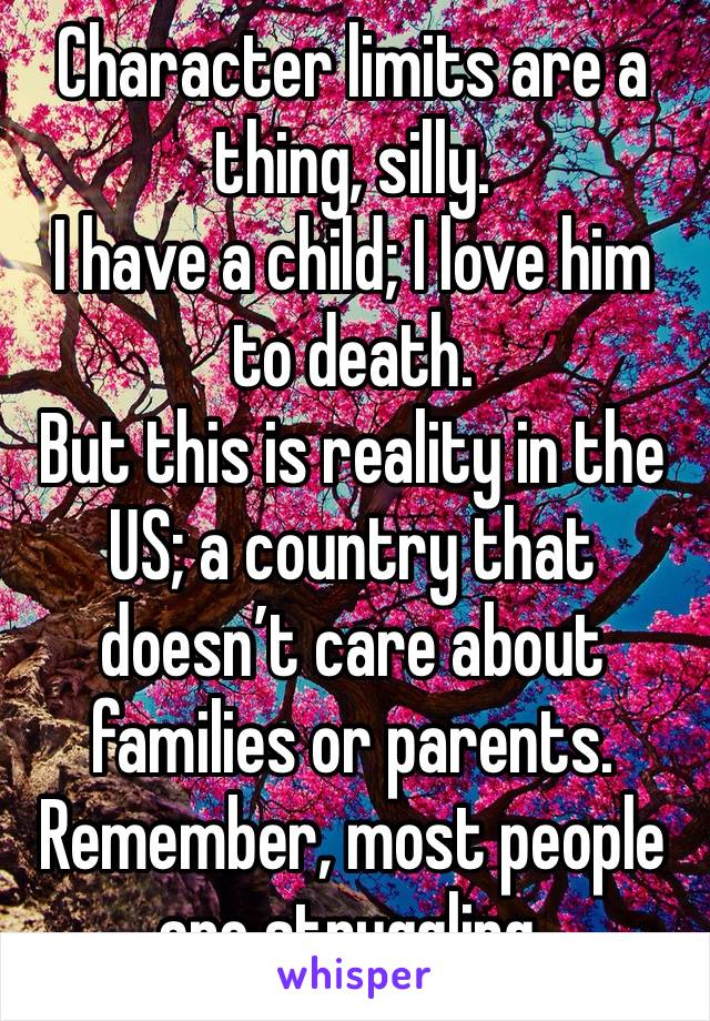 Character limits are a thing, silly.
I have a child; I love him to death.
But this is reality in the US; a country that doesn’t care about families or parents.
Remember, most people are struggling.