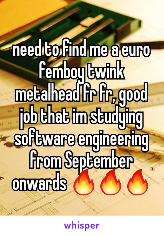 need to find me a euro femboy twink metalhead fr fr, good job that im studying software engineering from September onwards 🔥🔥🔥