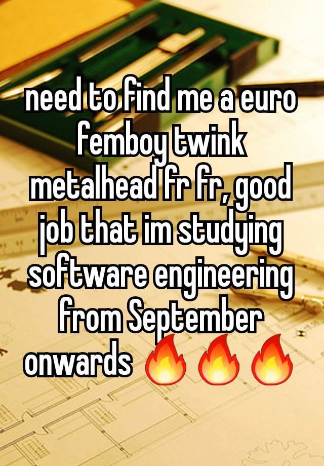 need to find me a euro femboy twink metalhead fr fr, good job that im studying software engineering from September onwards 🔥🔥🔥