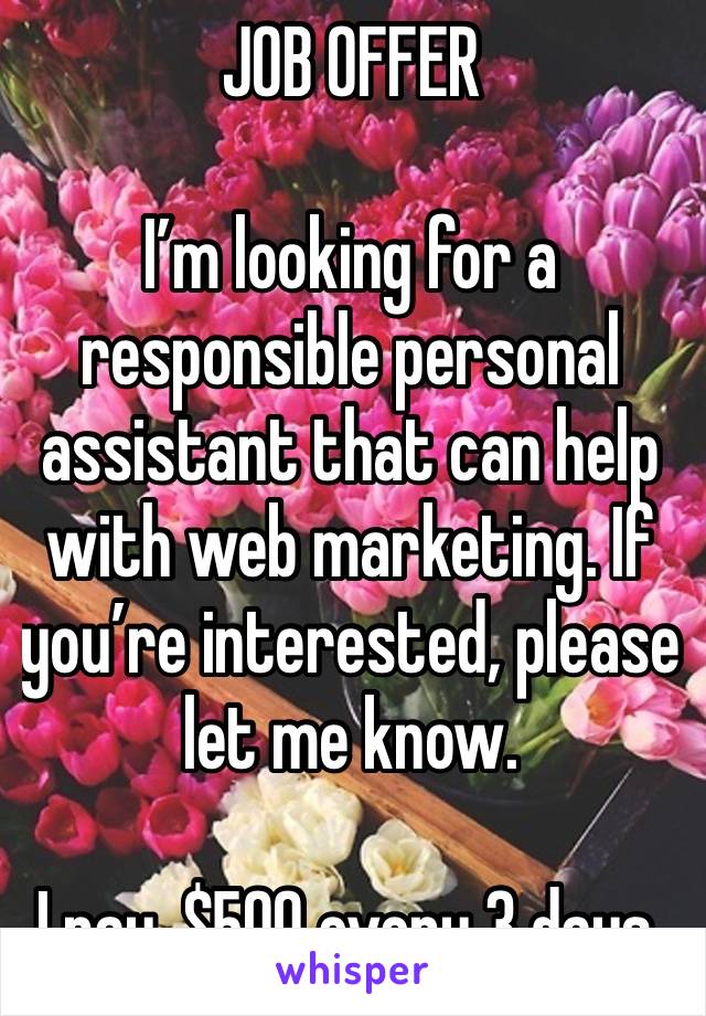 JOB OFFER 

I’m looking for a responsible personal assistant that can help with web marketing. If you’re interested, please let me know.

I pay, $500 every 3 days.