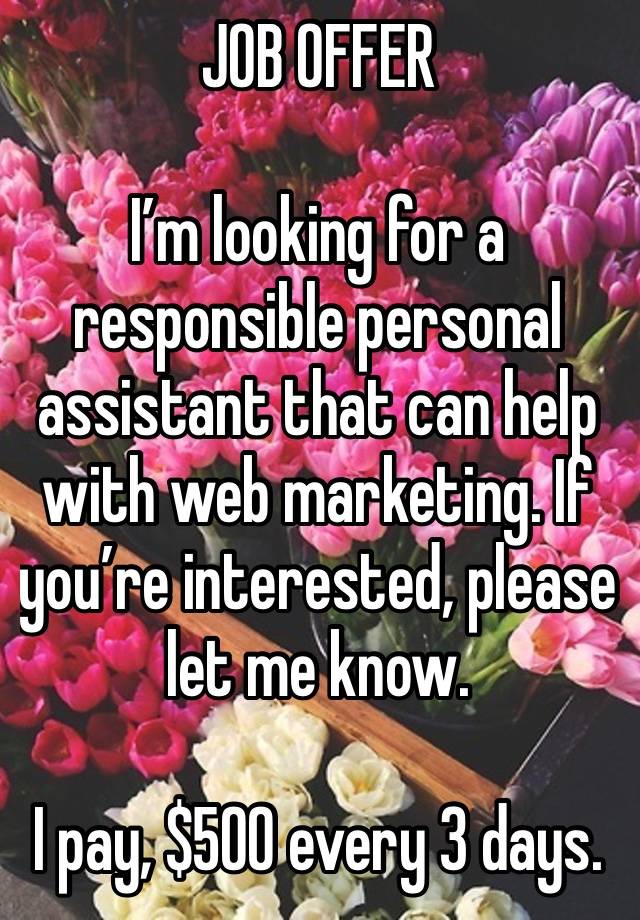 JOB OFFER 

I’m looking for a responsible personal assistant that can help with web marketing. If you’re interested, please let me know.

I pay, $500 every 3 days.