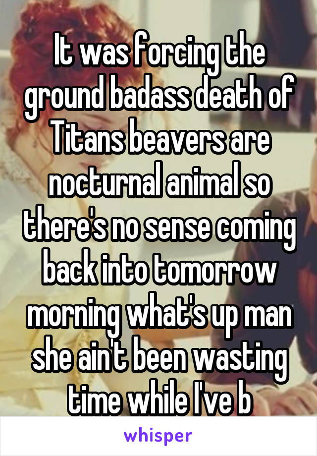 It was forcing the ground badass death of Titans beavers are nocturnal animal so there's no sense coming back into tomorrow morning what's up man she ain't been wasting time while I've b