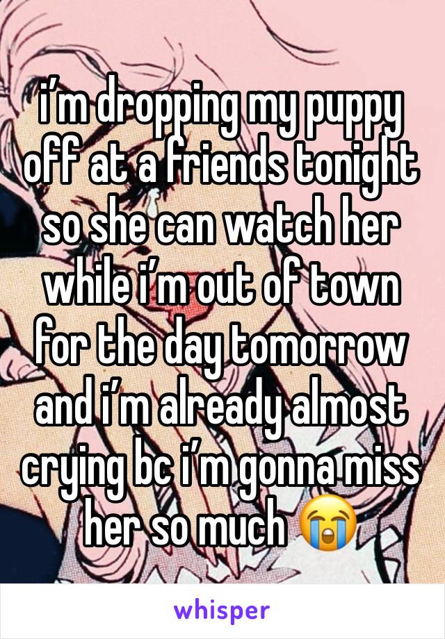i’m dropping my puppy off at a friends tonight so she can watch her while i’m out of town for the day tomorrow and i’m already almost crying bc i’m gonna miss her so much 😭