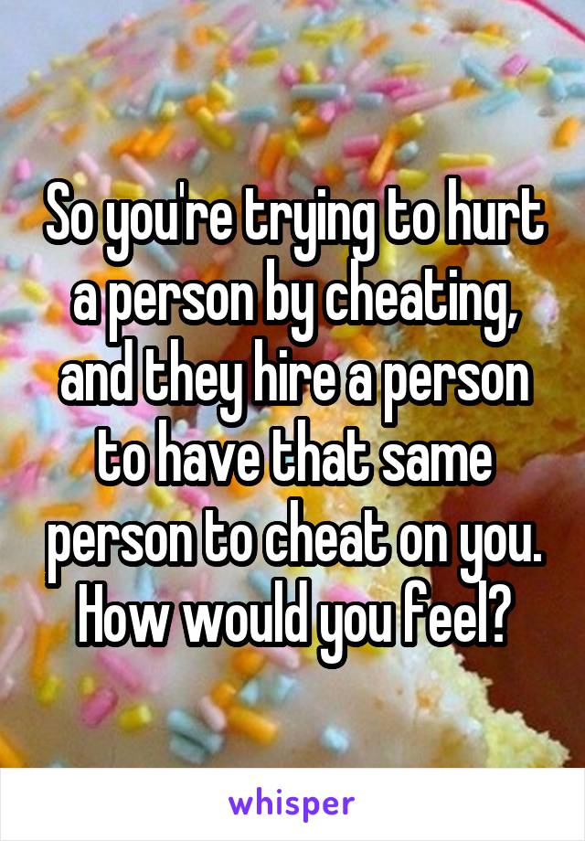 So you're trying to hurt a person by cheating, and they hire a person to have that same person to cheat on you. How would you feel?