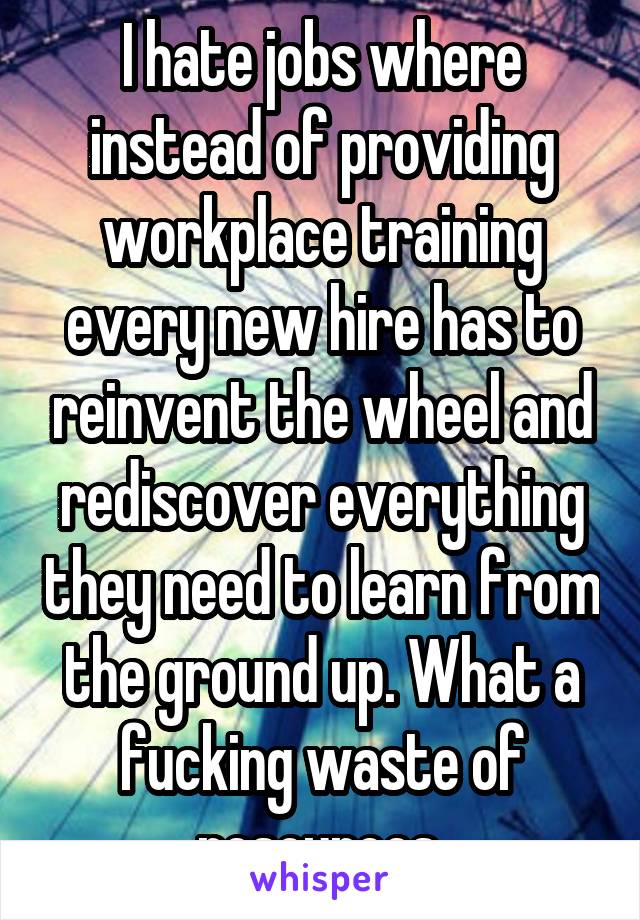 I hate jobs where instead of providing workplace training every new hire has to reinvent the wheel and rediscover everything they need to learn from the ground up. What a fucking waste of resources.