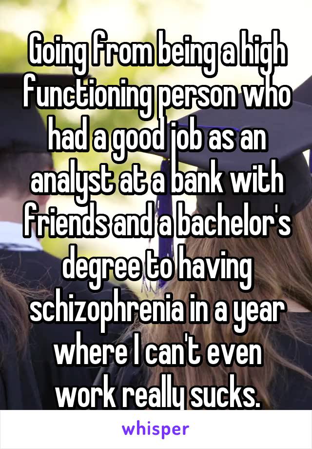 Going from being a high functioning person who had a good job as an analyst at a bank with friends and a bachelor's degree to having schizophrenia in a year where I can't even work really sucks.